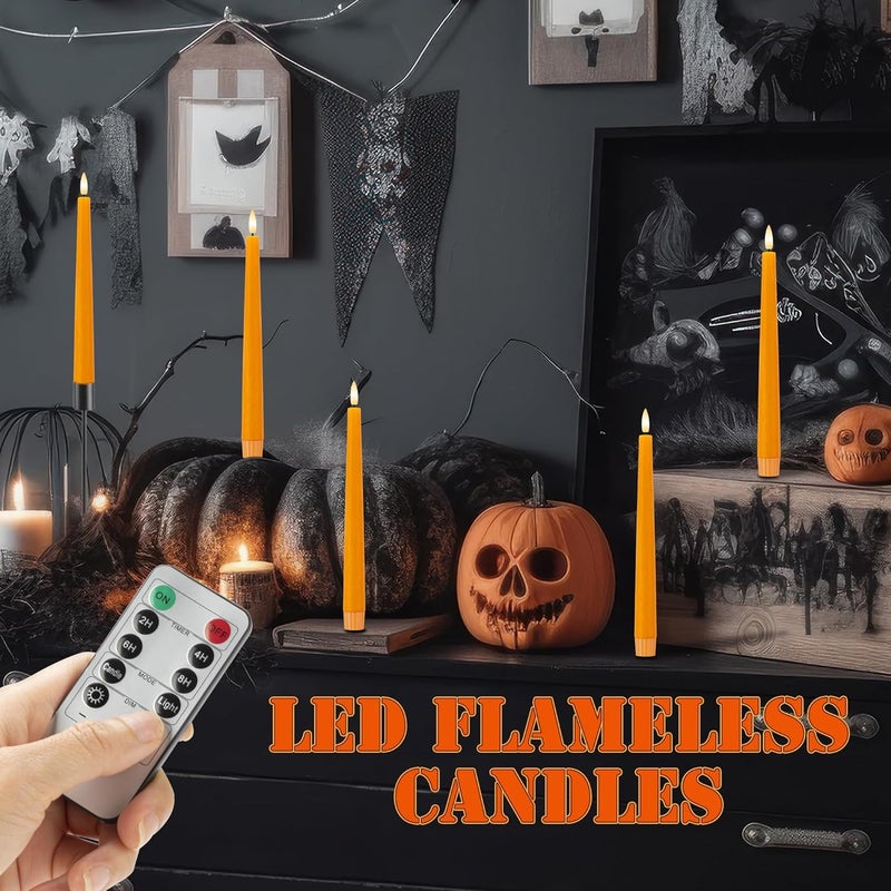 AFINETH Orange Flameless Taper Candles, 9.6" Halloween Battery Operated Candles with Remote, Real Wax Fall Led Candle, Flickering Flameless Candlesticks for Fall, Thanksgiving, Harvest, Halloween Decor, 3 Pcs - Image 5